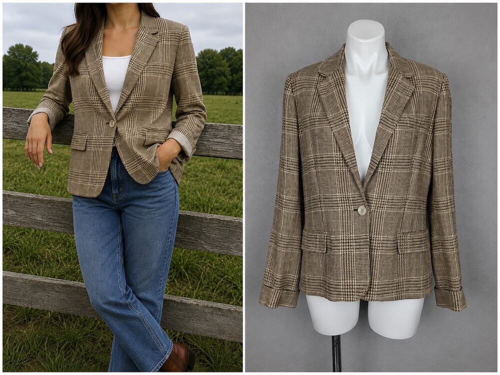 Lauren Ralph Lauren 100% Linen Glen Plaid Blazer Jacket Size 16 Brown Check